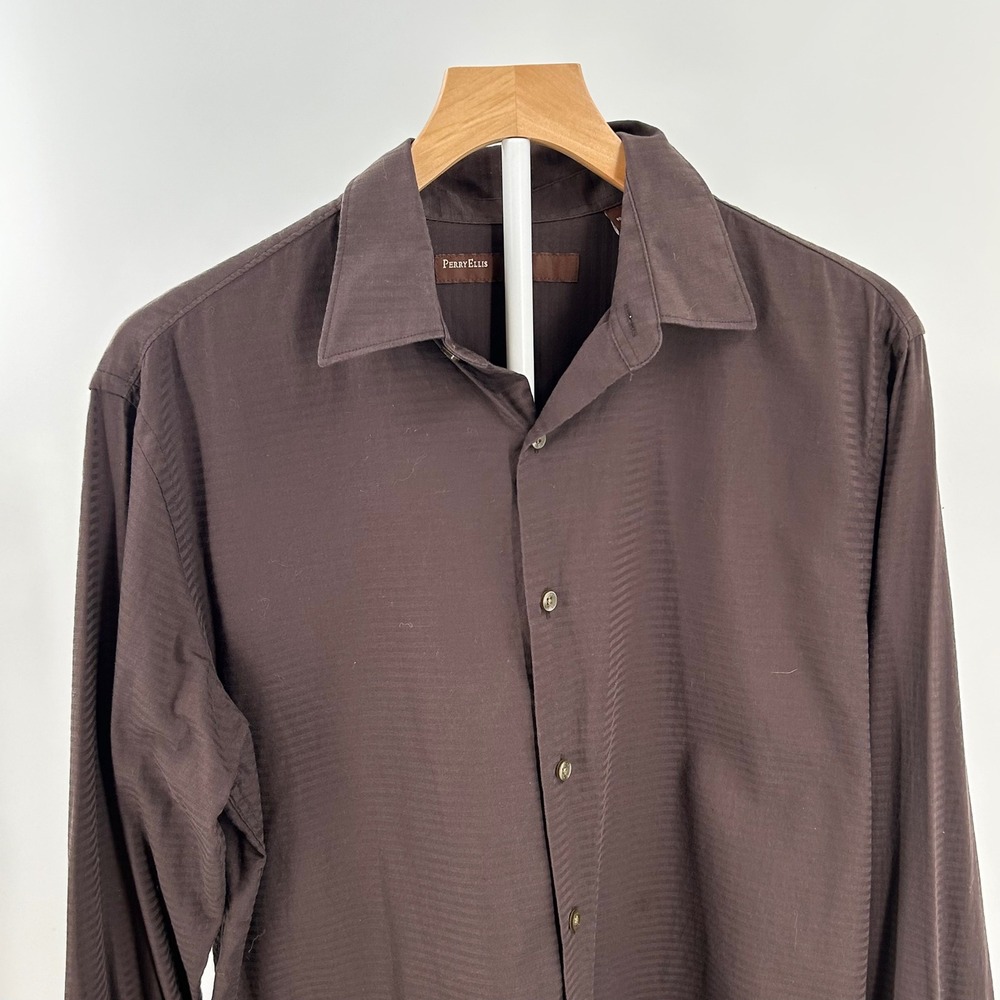 Perry Ellis‎ Mens Brown Herringbone Stripe Button Down Shirt Long Sleeve Size M